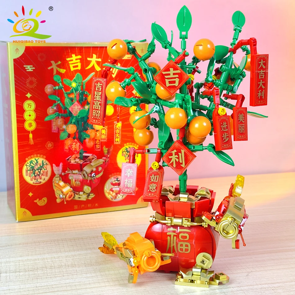 HUIQIBAO Orange Tree Music Box New Year Building Blocks Set Lucky Cat Toys Spring Festival Bricks Ornaments Toys Children Gift