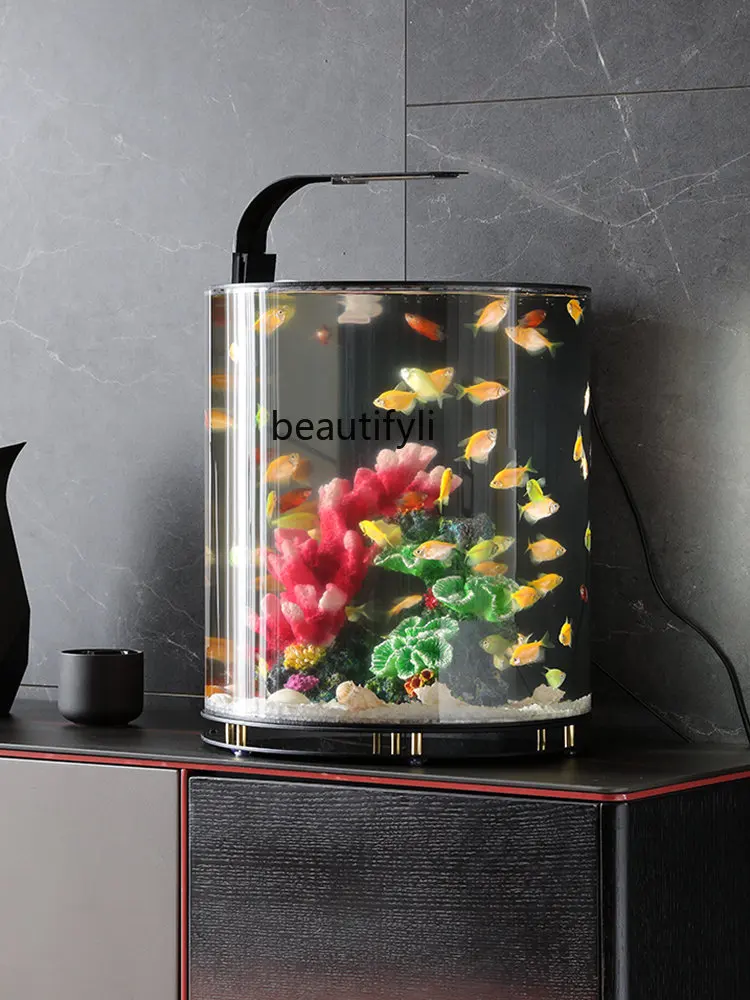 Home Living Room Fish Tank Cabinet Ecological Floor Creative Cylindrical Fish Globe Small Aquarium