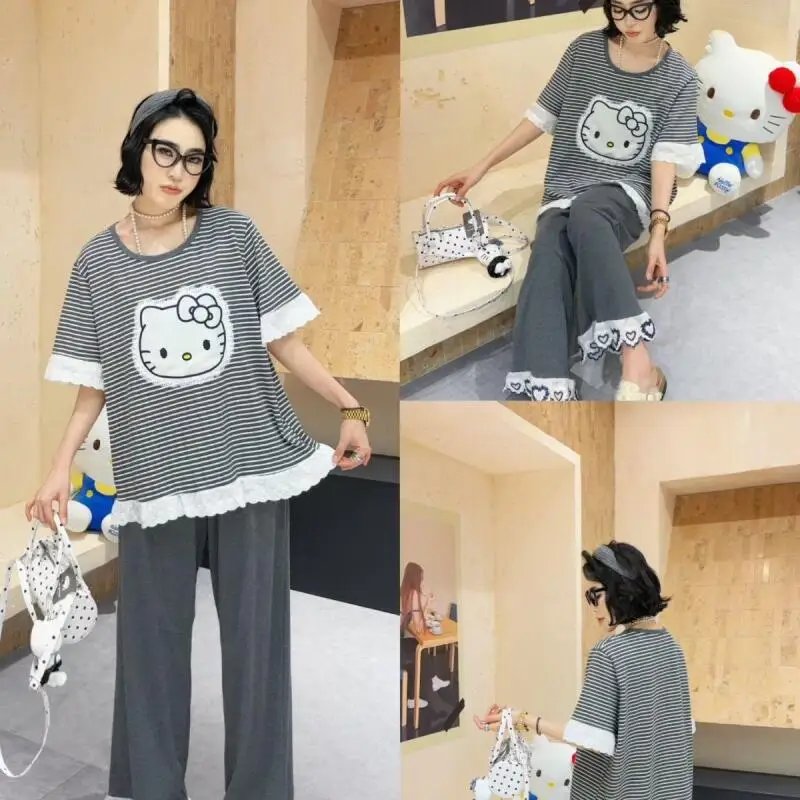 Summer New Hello Kitty Striped Women's Sweet Cartoon Pajamas Suit Large Size Casual Can Be Worn Outside The Suit Home Clothes