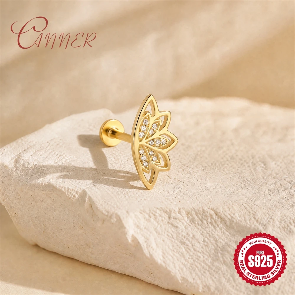 CANNER 925 Sterling Silber Skelettierte Lotus Damen 18K Vergoldete Glatte Wellen-/Zweigförmige Helix Conch Lobe Piercing-Ohrringe