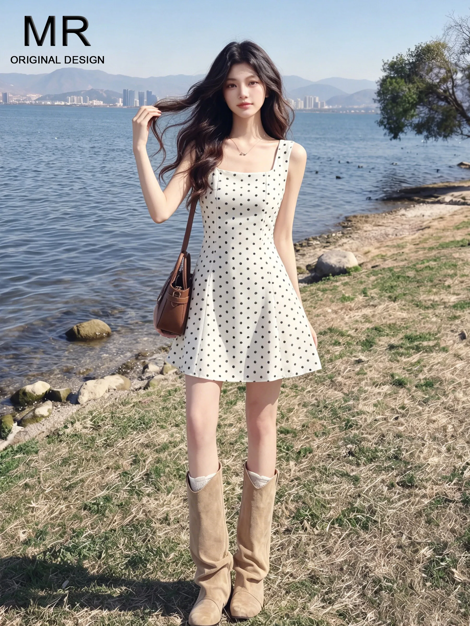 

Summer New Polka Dot off Shoulder Dress Women's Short Slim Fit High Waist Gingham Print Casual Style Button Closure A-Line Skirt