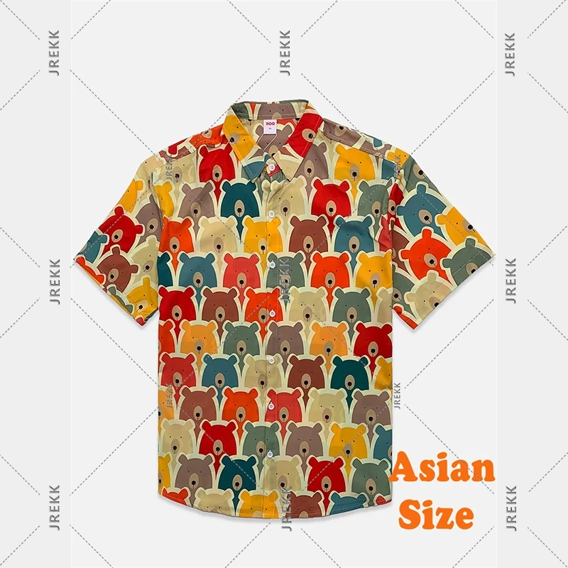 

Cute Bear Print Hawaii Shirt Men's Clothing Short Sleeve Colorful Block Stripe Button Shirts Personality Art Graphic Men Blouse