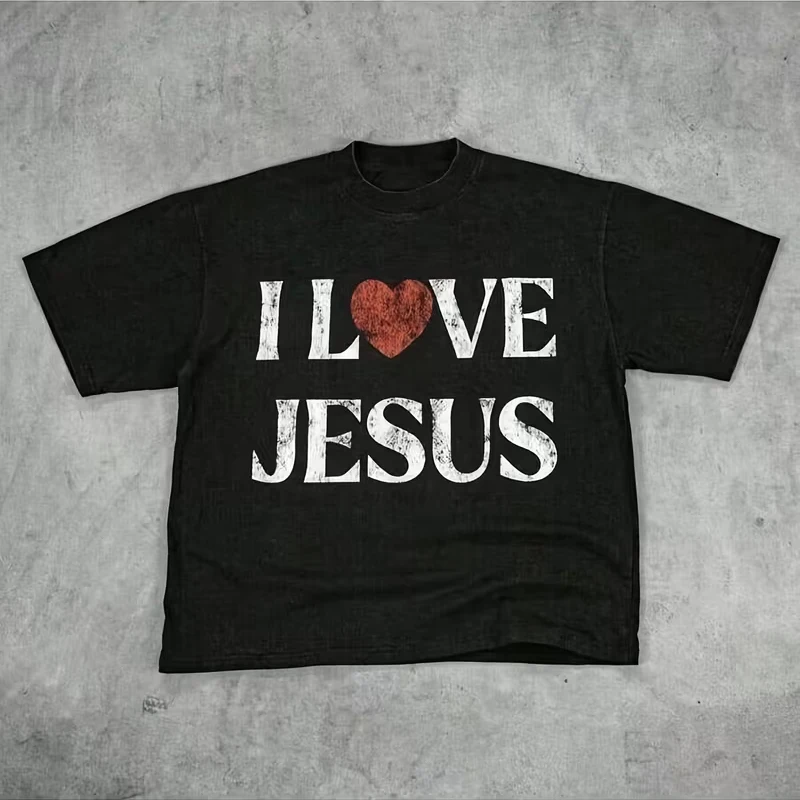 T-shirt unisexe à col rond et manches courtes, imprimé 'I Love Jesus Letter Compassion', style Hip Hop rétro Y2K, mode décontractée streetwear