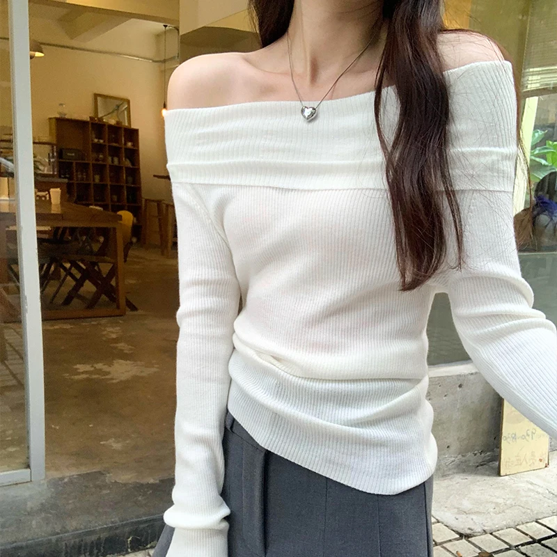 Ladies Sexy Slash Neck Women Knitted Tops 2025 New Spring Autumn Long Sleeve Slim T-shirts Korean Style Female Elegant Tee Shirt