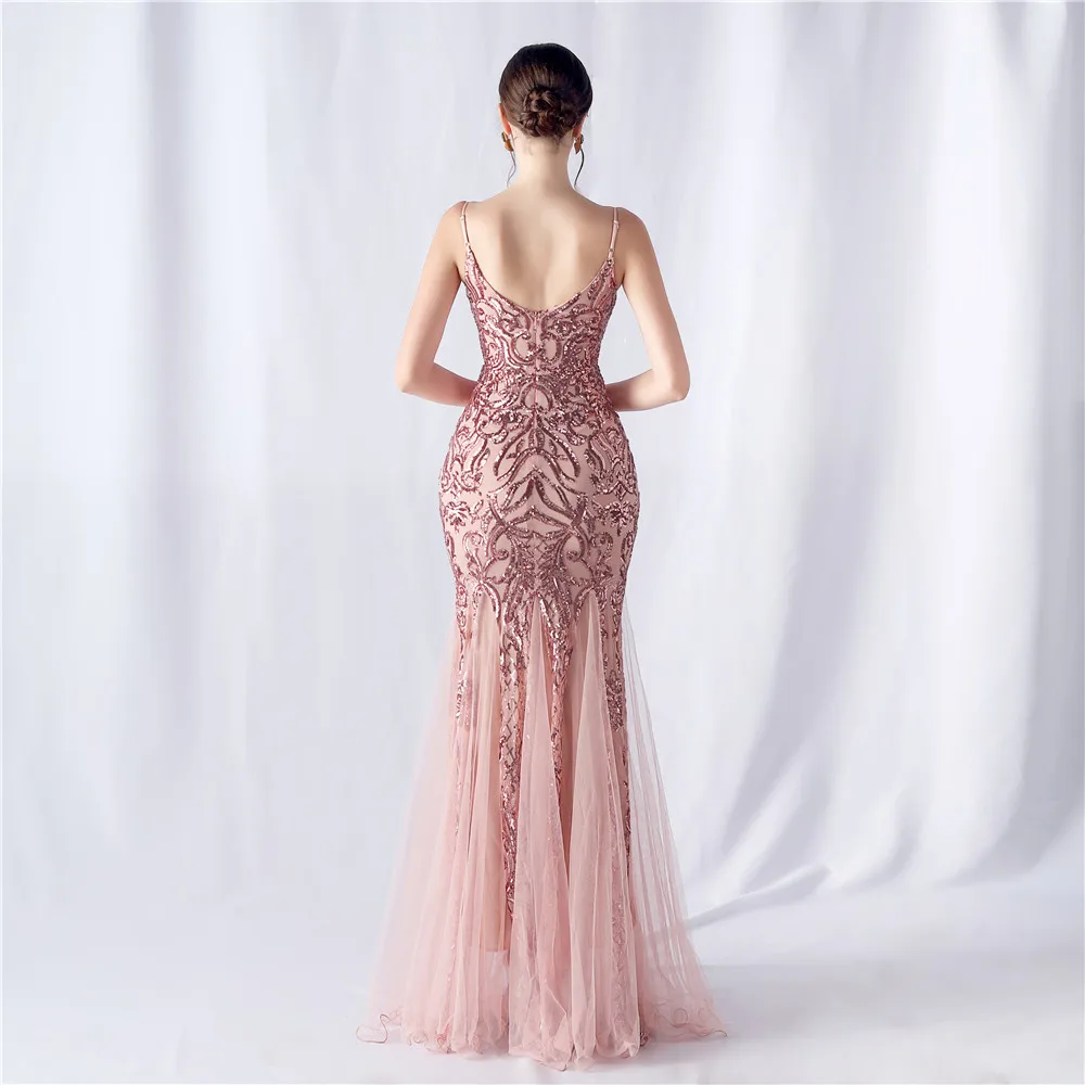 DEERVEADO Strap V Neck Evening Dress For Woman Elegant Mermaid Sequin Party Maxi Dress Special Occasion Dress Long Prm Dresses