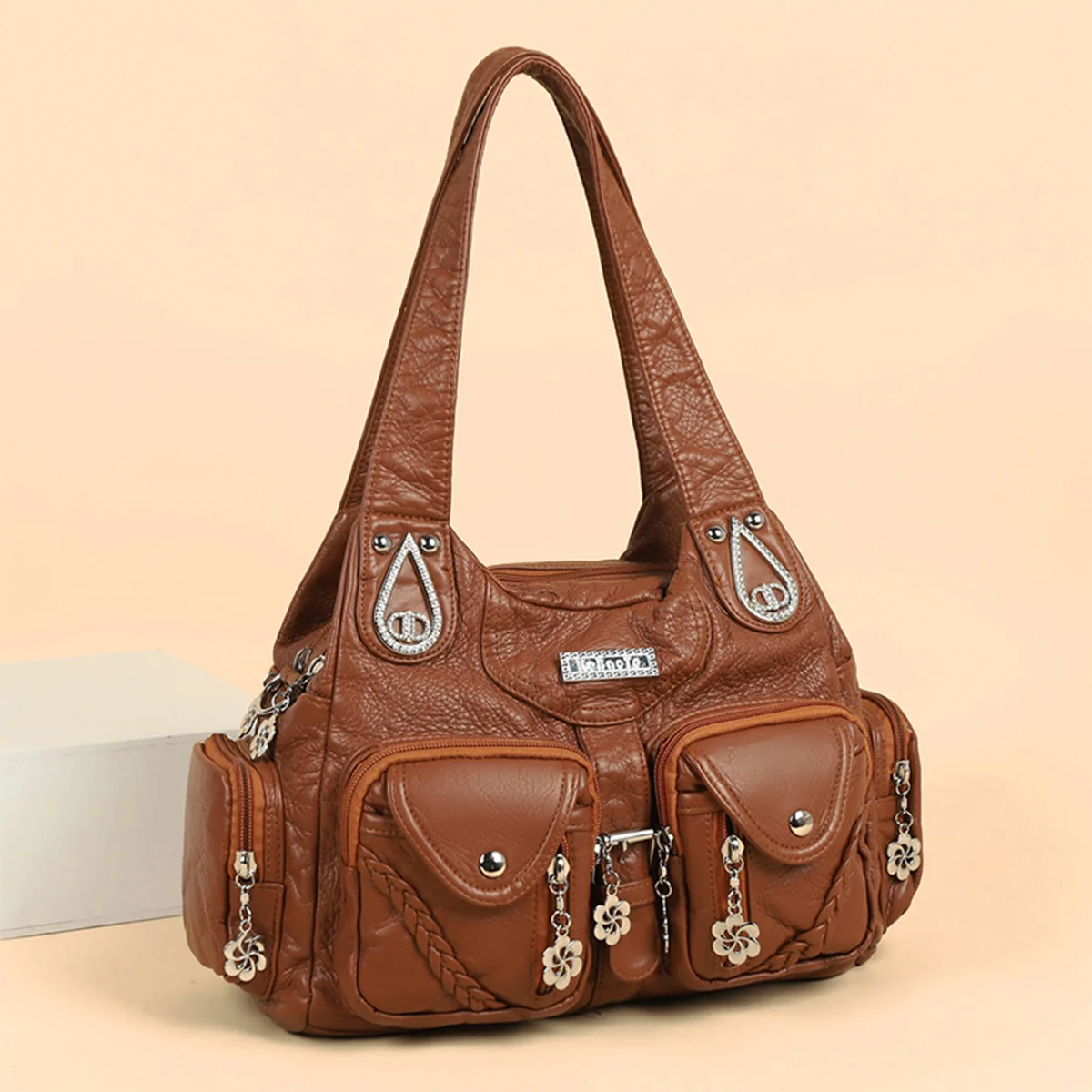 

Retro Boho Women Crossbody Bag Solid Woven Rhinestone Shoulder Bag Multi Pocket Large Capacity Distressed PU Handbag for Commute