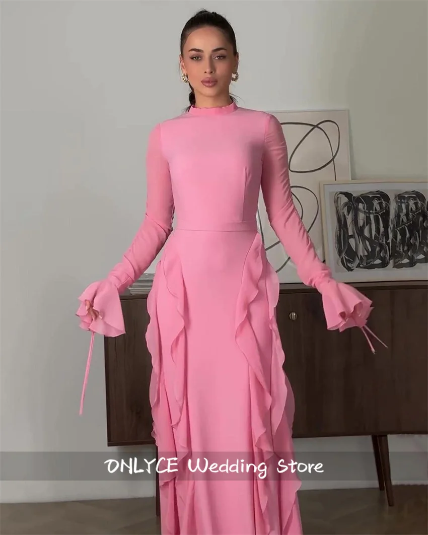 

Luxury Pink Evening Dress 2025 Long Sleeves Elegant Birthday Party Vestidos Prom Gown Dubai Wedding Party Gown Customized