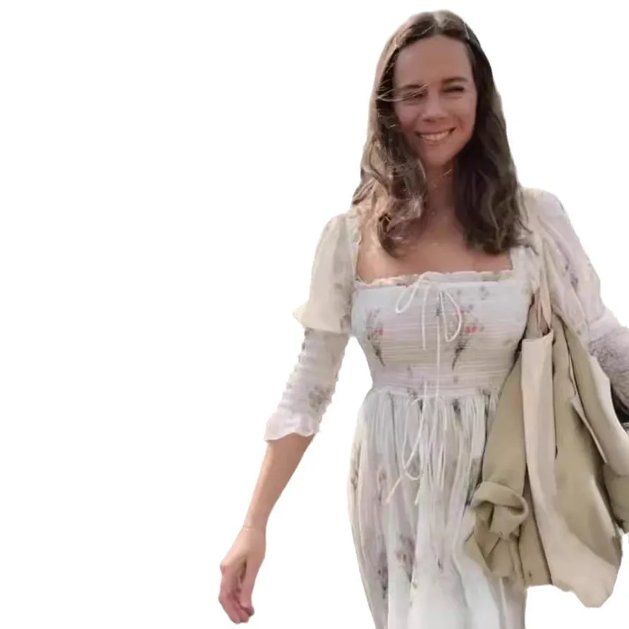 Primavera Estate New Sle American Country Stampa floreale Puff Sve Colletto quadrato Gonna longuette a trapezio in cotone Dr