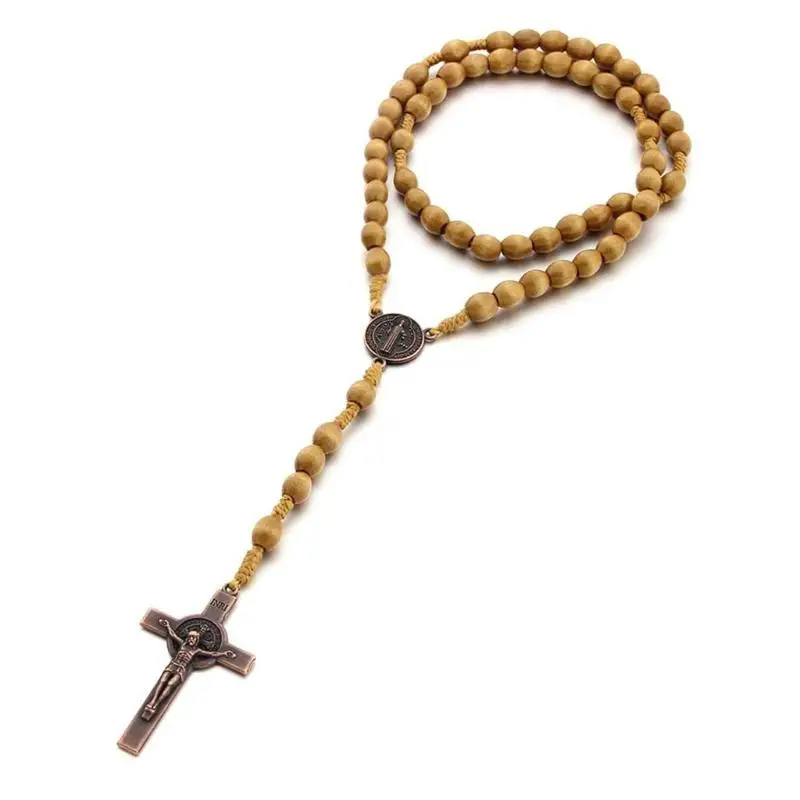 

E8BD Handmade Weave Benedict Antique Wooden Rosary for Cross Necklace Vintage Catholic Religious Jesus Necklace