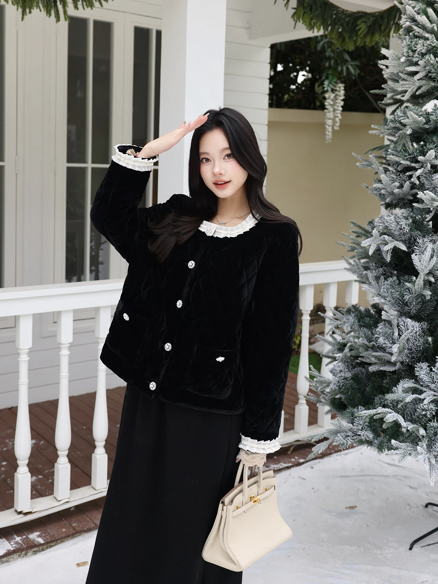 

MeHomeYang Private Label Bla Velvet Faion Diamond Pattern Warm Cotton Jaet Ele Flounce Design Long Sve Ladies Coat