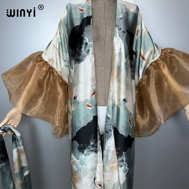 

WINYI Abstract print Kimono party dress Beach Wear Swim Suit Cover up Africa women puff(ed) sleeves Cardigan boho Holiday kaftan