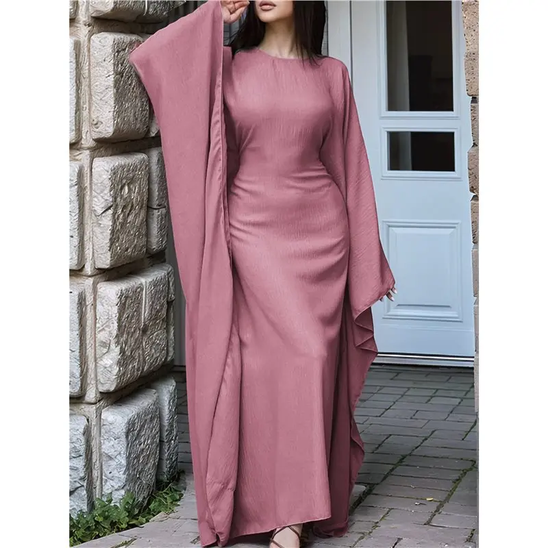 여성용 우아한 단색 긴팔 드레스 배트 슬리브 이슬람 맥시 로브