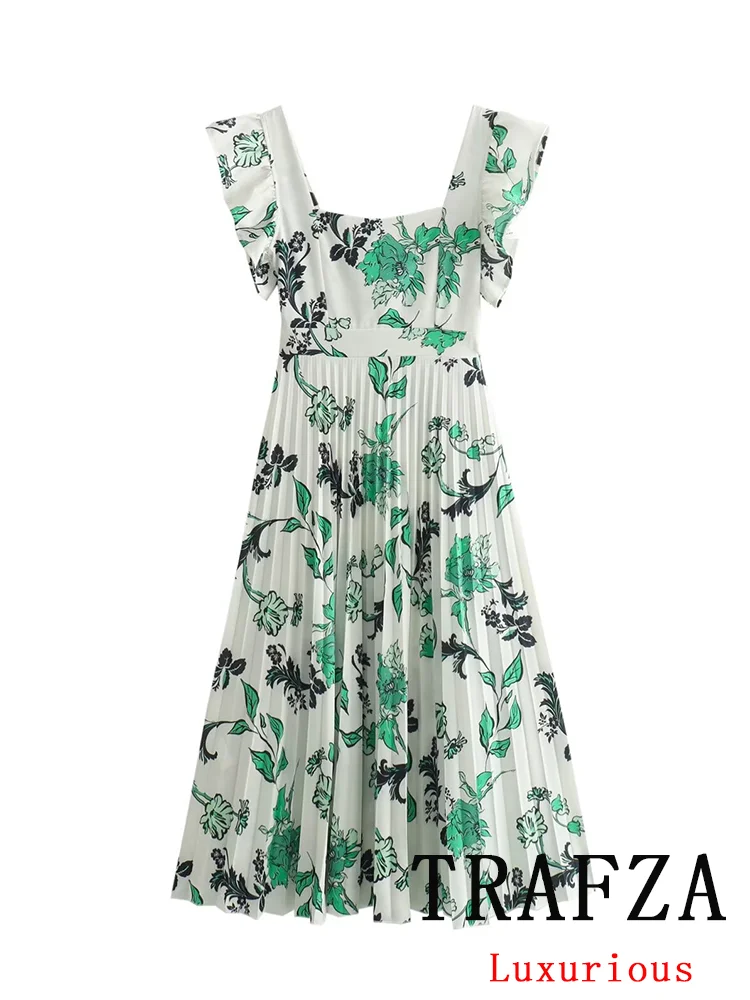 TRAFZA Vintage Flower Print Chic Women Dress Square Collar Flying Sleeve Cami Dress New Fashion 2024 Summer Ruffles Dress