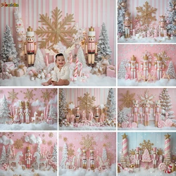 Winter Girl 1st Birthday Pink Background Photography Candy Cane Snowflake Nutcracker Soldier Backdrop Kid Cake Smash PhotoStudio