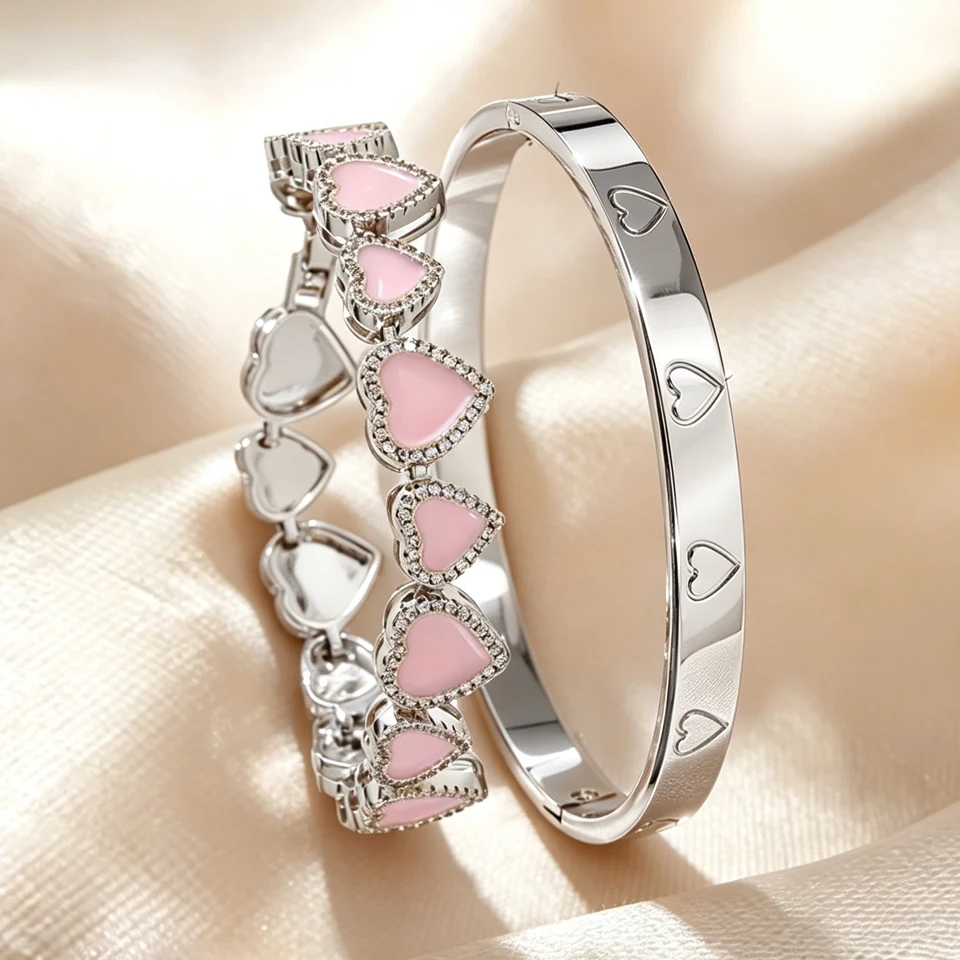 Yupsk Fashion Romantic Pink Oil Dripping Zircon Inlay Heart Bracelet Bangle Set for Women Elegant Stainless Steel Bracelets Gift