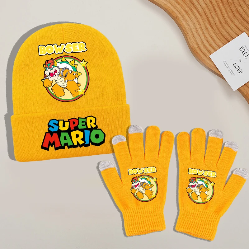 Super Mario Bro Handschuhe Strickmütze Anzug für Jungen Mädchen Anime Cartoon Niedliche Strickmützen Fäustlinge Set Kinder Winter Warme Accessoires