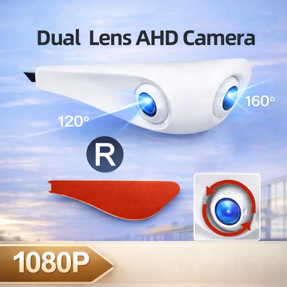 

Car Blind Spot Side View Camera Dual Lens 2 in 1 AHD 1080P 4PIN Front Rear Easy Install Sticker Mount