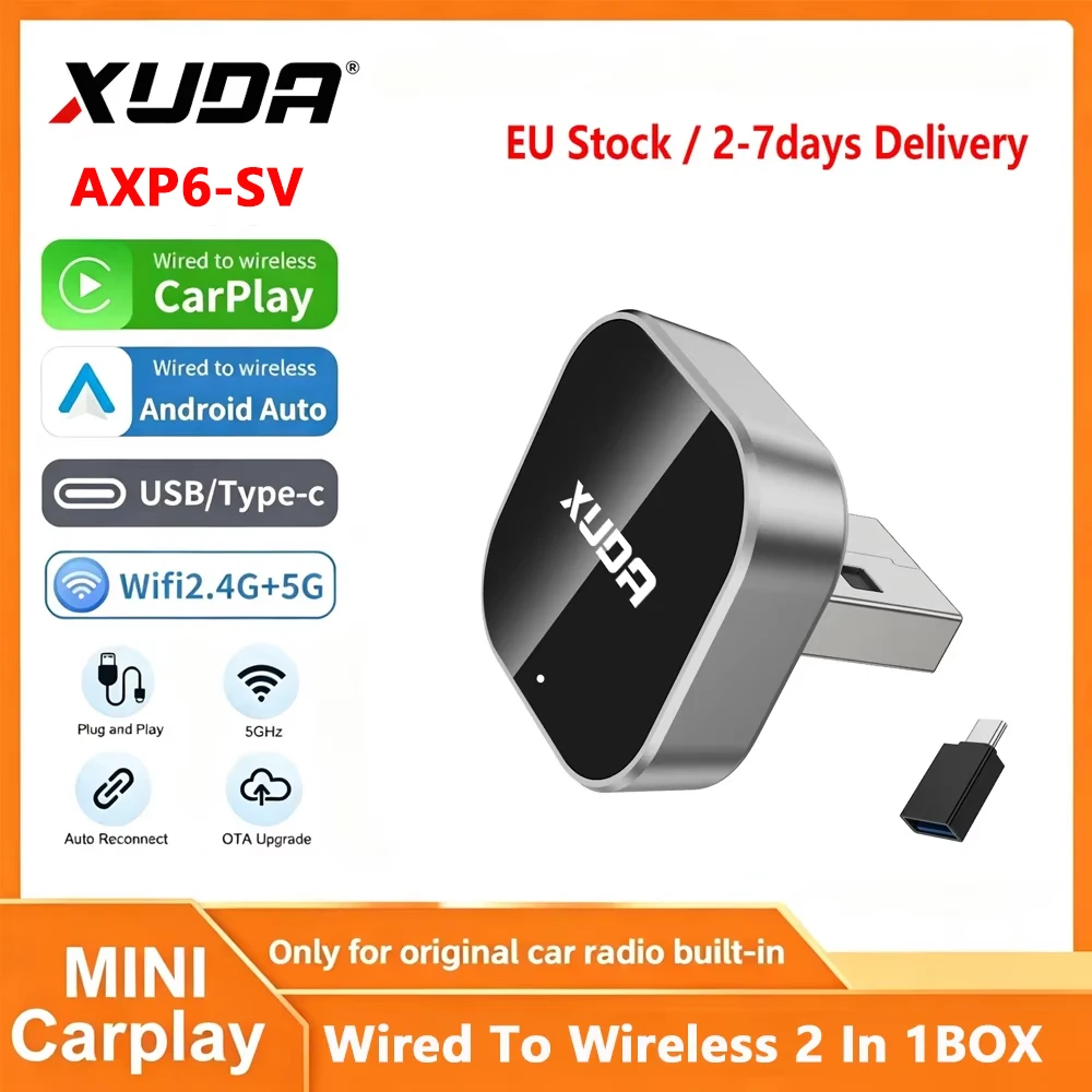 Adapter bezprzewodowy CarPlay XUDA 2026 2-w-1 – przetwornik z trybu przewodowego na bezprzewodowy dla Apple i Android Auto, funkcja Plug and Play do samochodów z fabryczną instalacją przewodową.