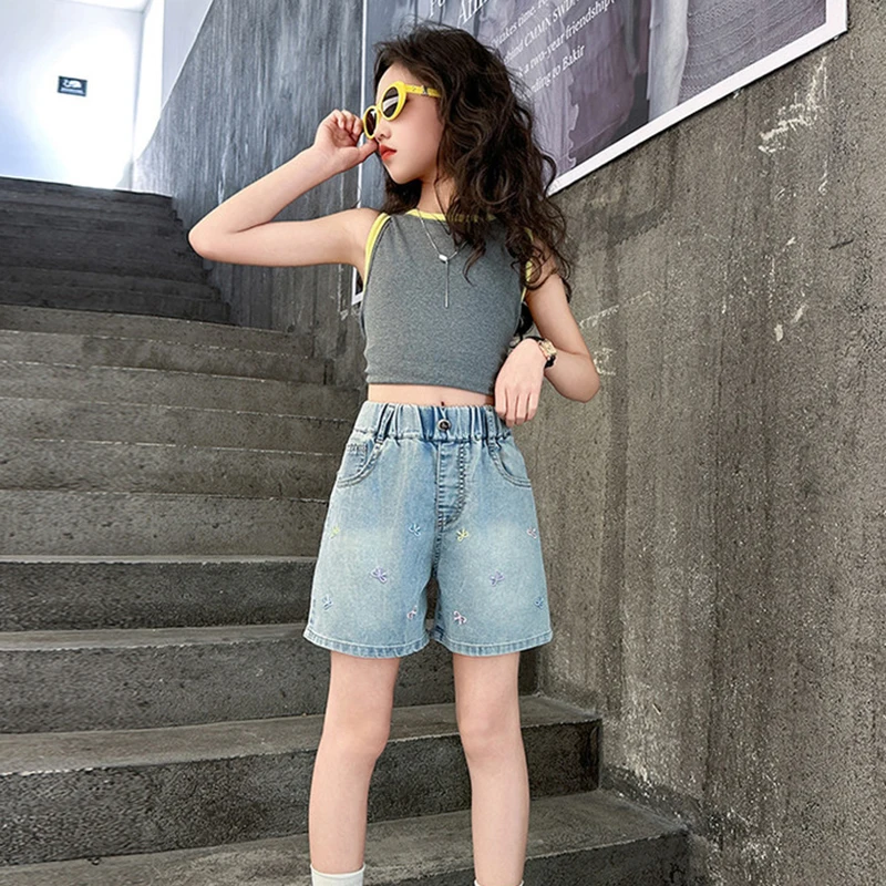 2026 Summer Teen Girls Bow Embroidery Denim Shorts Elastic High Waist Casual Jean Shorts Kids Sweet Loose Wide Leg Short Pants view 2