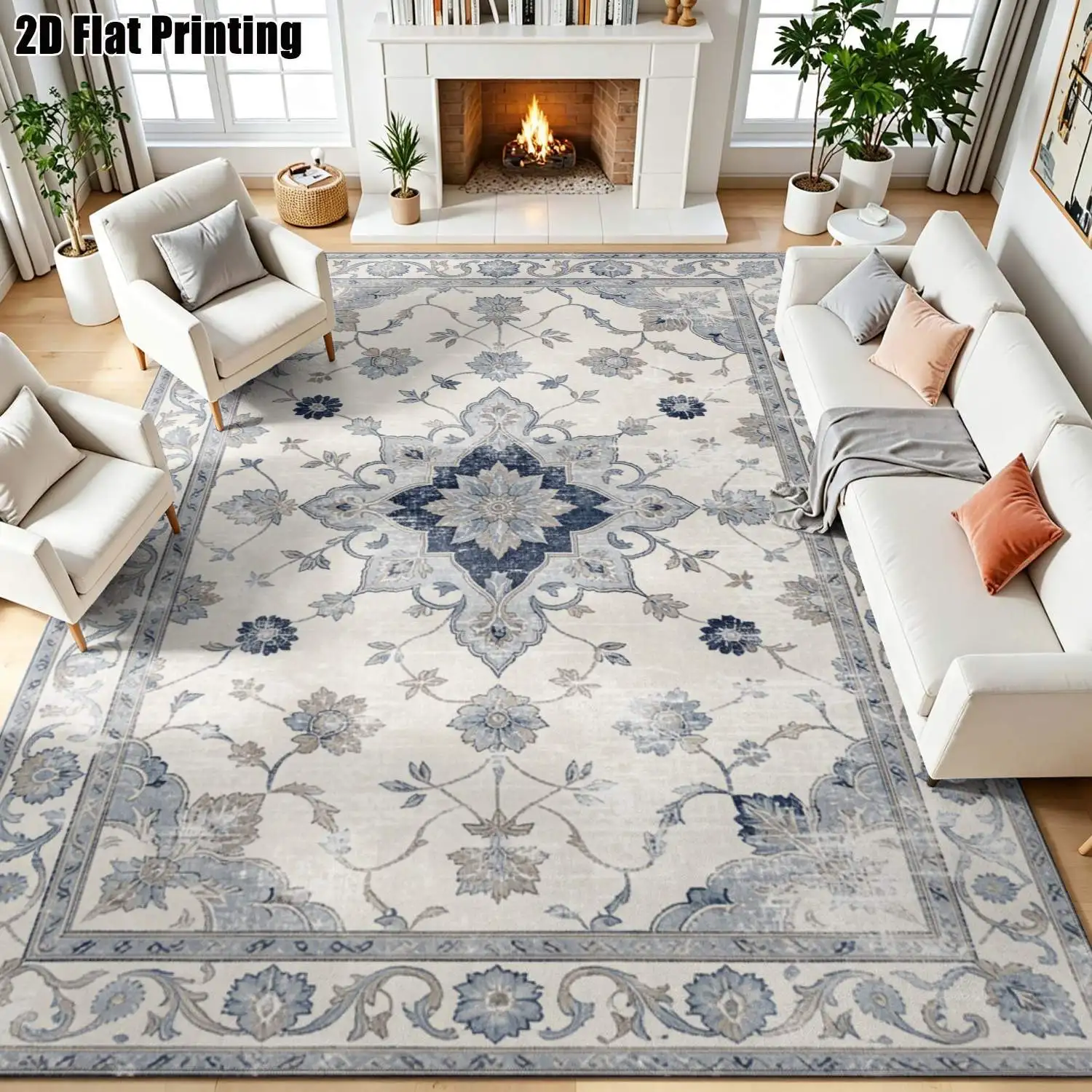 1Pc 2D Printed Carpet: Blue-Grey Floral & Geometric Patterns, Vintage/European/Bohemian/Modern Minimalist Styles, Machine Washable, Multi-Size, for Entryway, Dining Room, Foyer, Bedroom, Living Room Home Decor