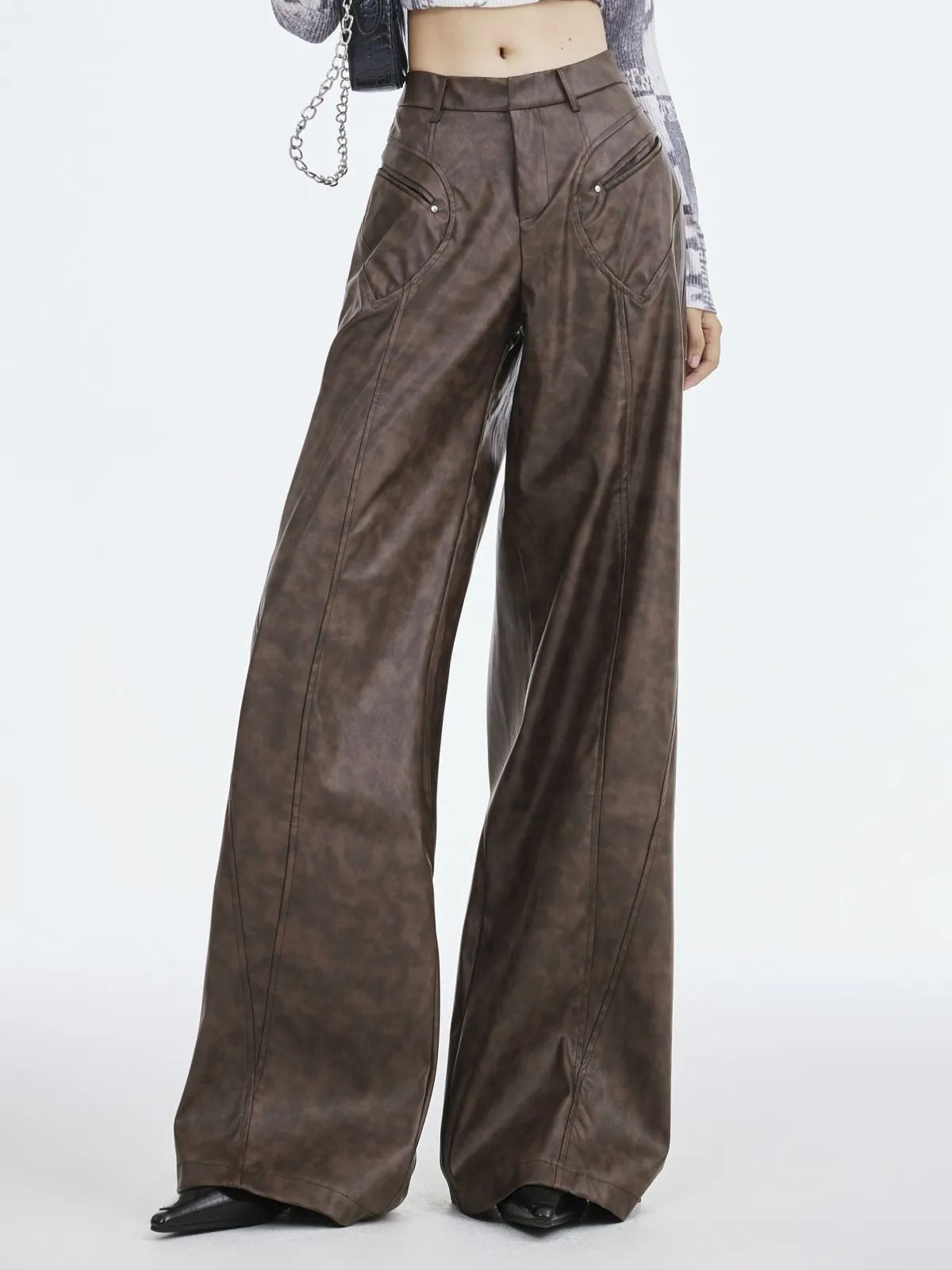 ZHISILAO New Vintage Pu Leather Wide Leg Pants for Women Solid Loose Brown Trousers Autumn Winter 2023