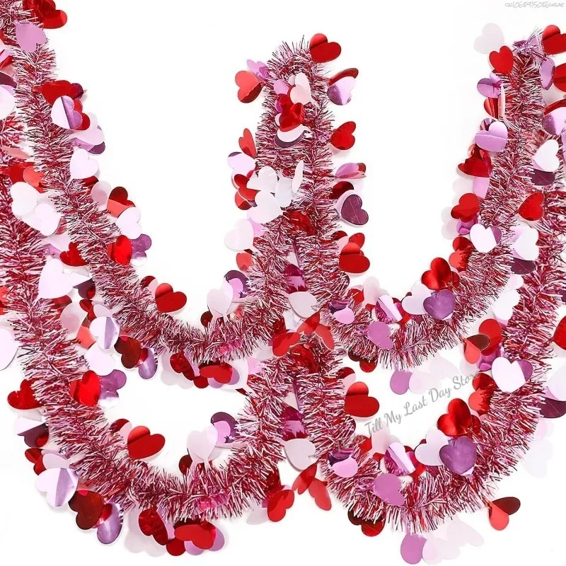 33Ft Valentines Heart Tinsel Garland Decorations Valentines Day Red Pink Metallic Garland for Wedding Birthday Hanging Decor