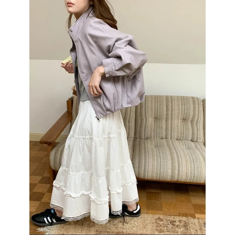 Women White Tiered Maxi Skirt Lace Trim Ruffled Detail High Waist Flowy Skirt Sweet Casual Fashion Elegant Style Skirt E0YB