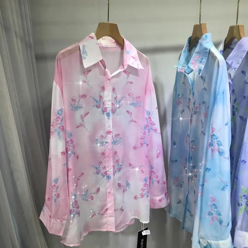 Fashionable Diamond Drills Shirt Women's Loose Mid-Length Slimming Gradient Color Tie-Dyed Flower Blouse Light Summer Cardigan