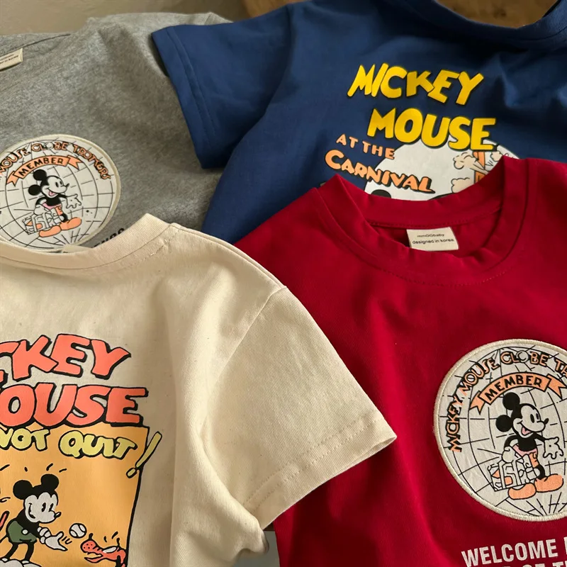 Camiseta de manga curta de algodão puro dos desenhos animados do mickey mouse para meninos e meninas no verão elegante topo para crianças de todos