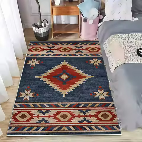 Geometric Diamond Grid Printed Floor Mat Bohemian Ethnic Style Carpet Soft Floor Mat Living Room Entrance Carpet