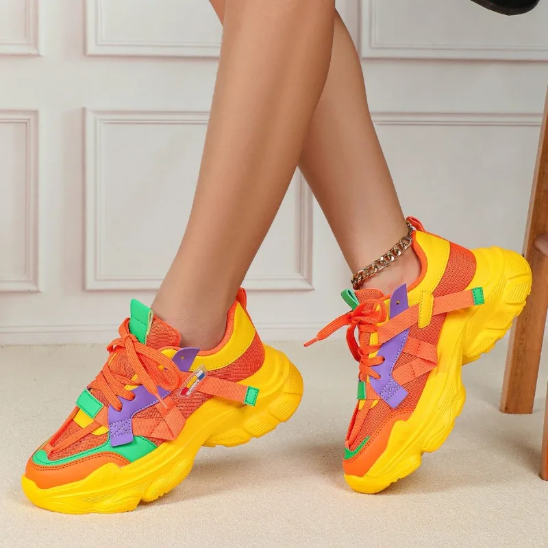 

Spring Summer 2025 Mesh Breathable High Elastic Large Sole Dad Shoes Fashionable Versatile Thick Bottom Heightening Women's Stre