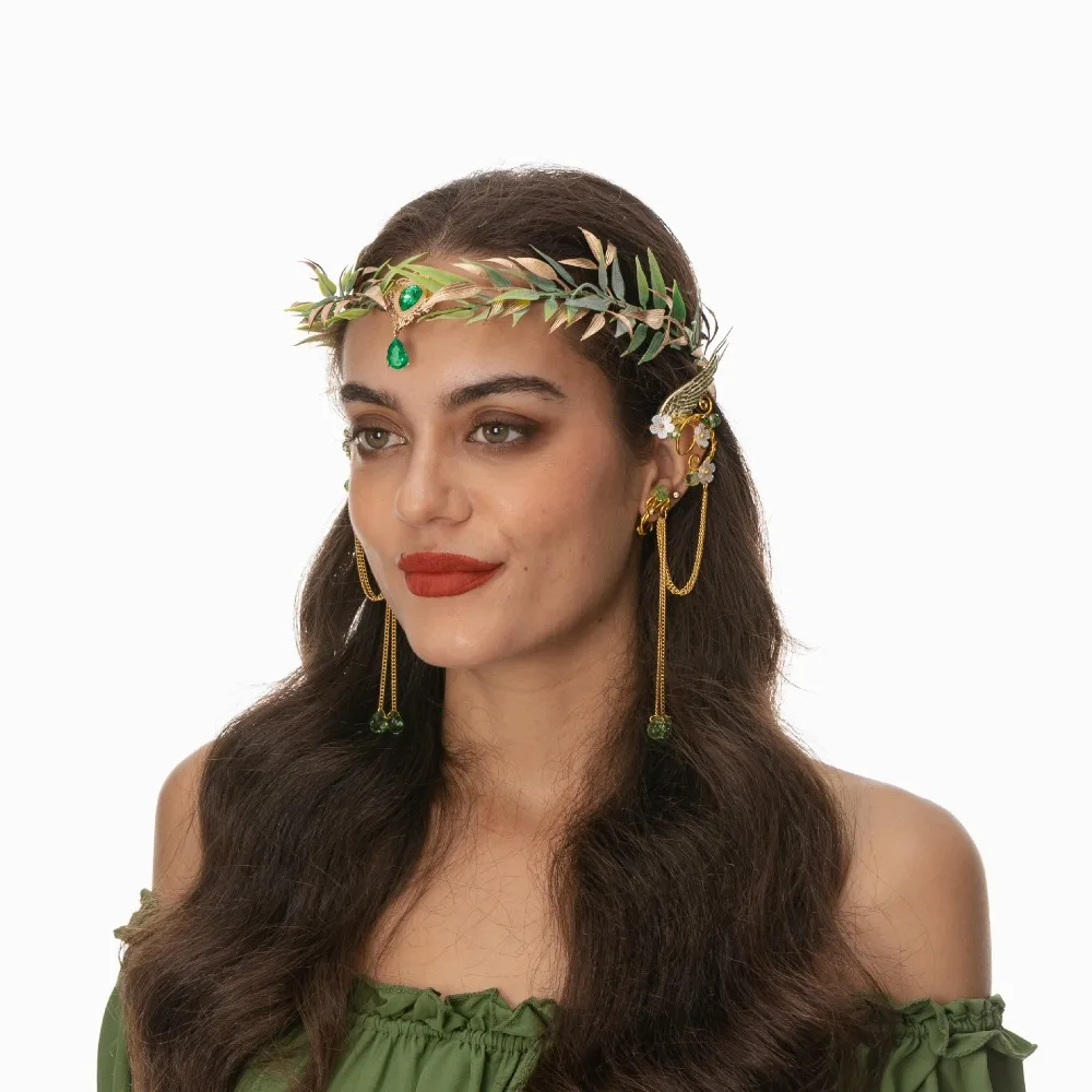 2pcs Halloween Elves Cosplay Set Fairy Flower Crown Headpiece Elf Ears Cuffs Renaissance Costume Leaf Elves Wings Ear Cuff