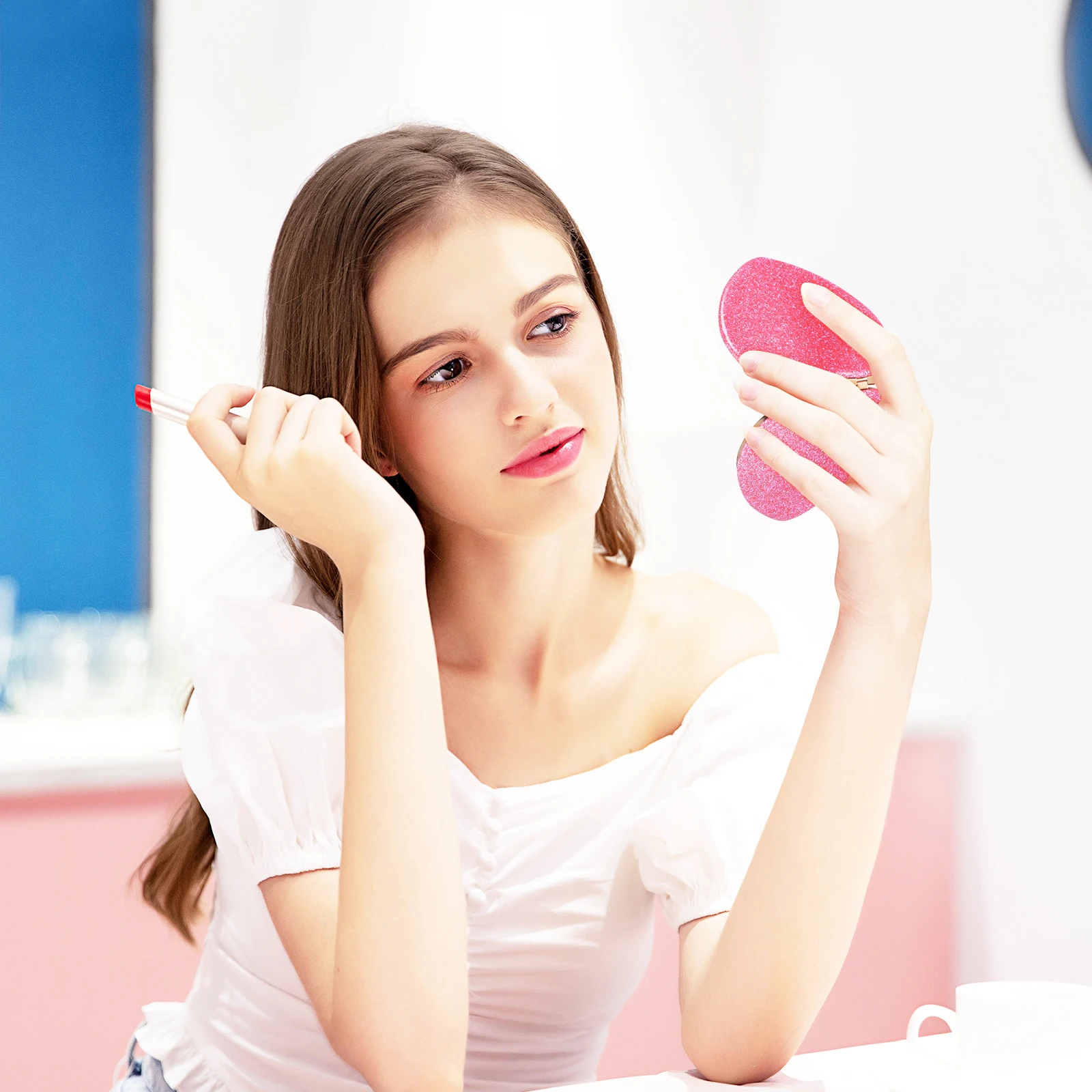 Espelho de maquiagem dobrável em forma de coração dupla face ampliação compacto portátil bolsa espelho viagem essencial espelhos compactos