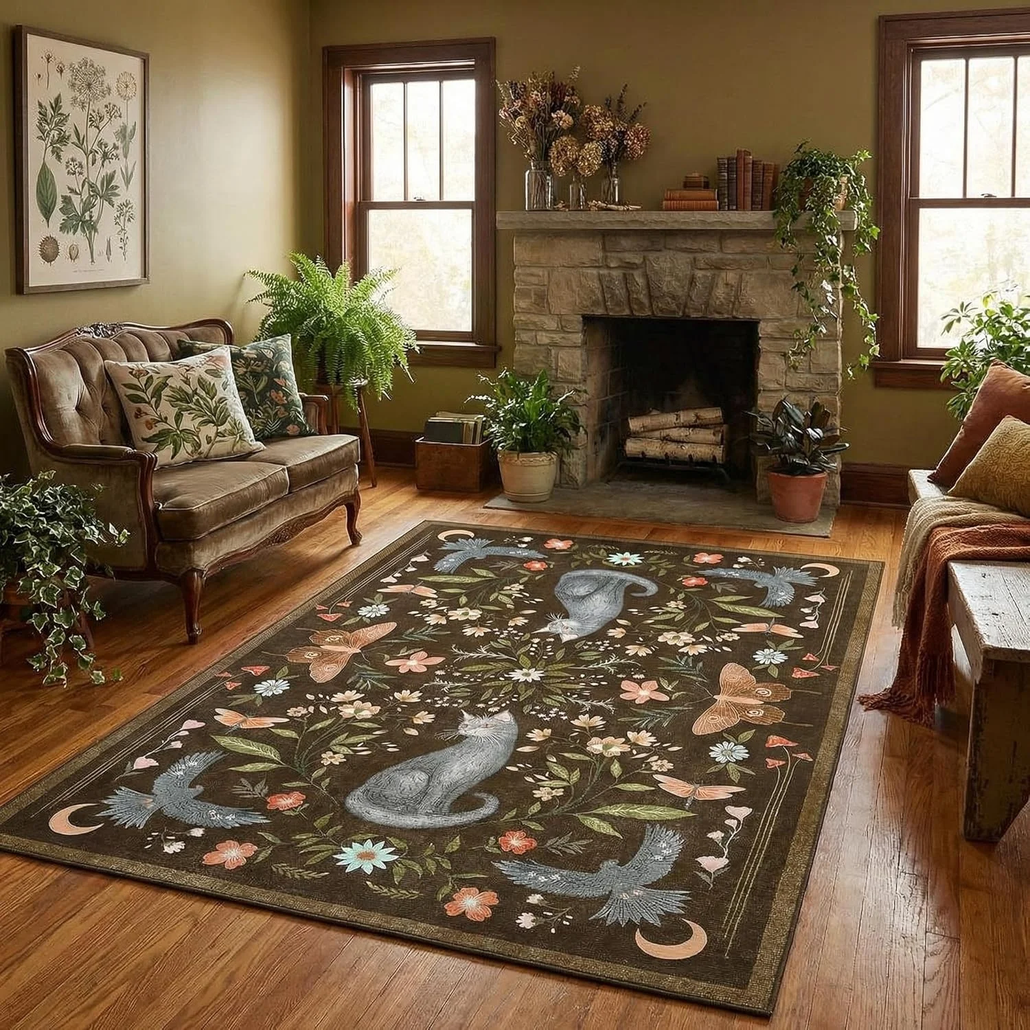 Cat Pattern Carpet, Brown, Washable, Suitable for Living Room, Bedroom; Soft Mushroom Floral Pattern Low-Pile Non-Slip Rug, Animal Print Carpet, Indoor Carpet, Suitable for Dormitory, Playroom, Gothic Style.