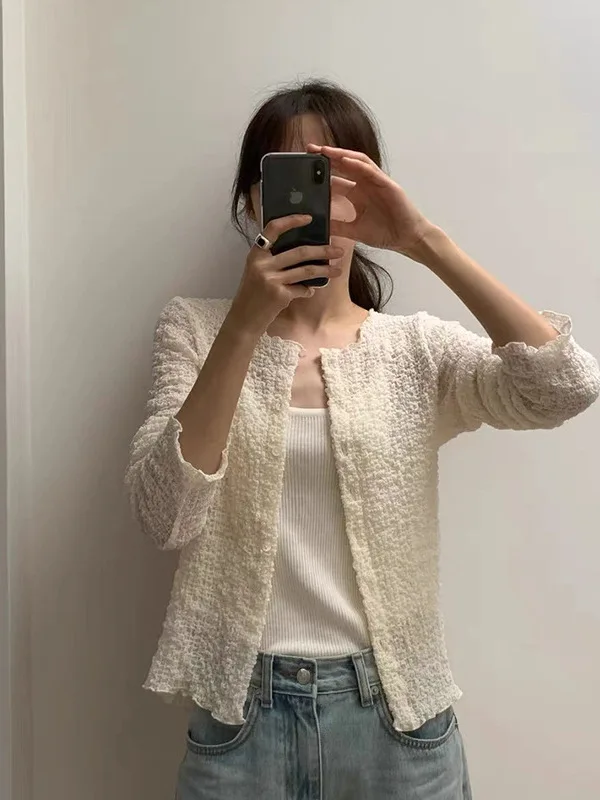 

Spring New Gentle Style round Neck Pleated Thin Open Cardigan Outerwear Women's Loose Fit Short Length Seven Sleeve Length