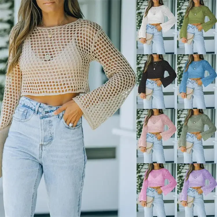 2024 Sommer neue europäische und amerikanische Strickwaren Flare Ärmel lose Rundhals Hohl pullover für Frauen SFC44-3