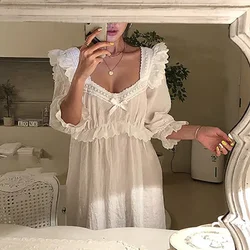 New Women's Lolita Dress White Lace Square Neck Princess Sleepshirts Vintage Ladies Nightgowns Nightdress Cute Lounge Sleepwear