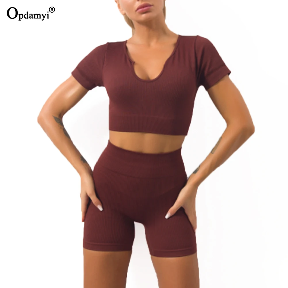 

Ribbed Yoga Clothing Sets Women High Waist Shorts Short Sleeve Two Piece Set Seamless Tracksuit Fitness Workout Outfits Gym Wear