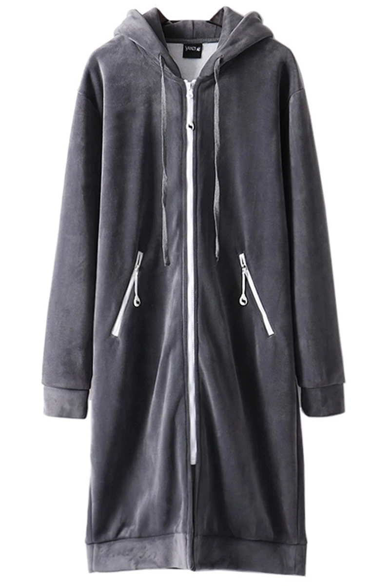 المرأة متوسطة طويلة المخملية هوديي سستة سترة سوداء سترة جديدة فضفاضة تنوعا ربيع الخريف موضة تنوعا معطف سميك