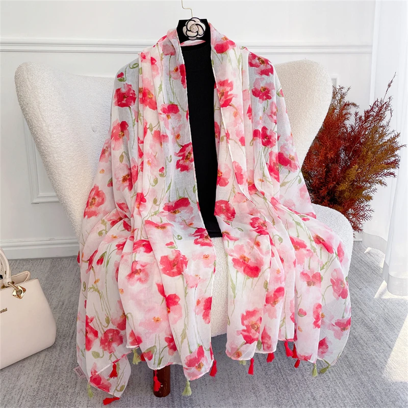 

Spring and Summer New Flowers Pattern Cotton Linen Scarf for Women Autumn Warm Soft Shawls Muslim Hijab Poncho Echarpe Stoles