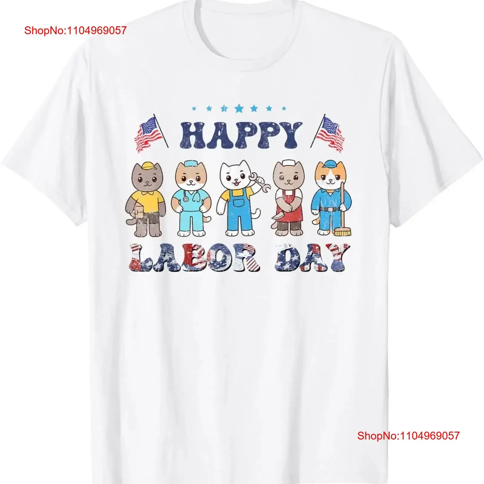 Feliz Día del Trabajo lindo trabajadores de gatos trabajo bandera americana camiseta vintage lavado Unisex ligeramente transpirable gráfico Casual homme