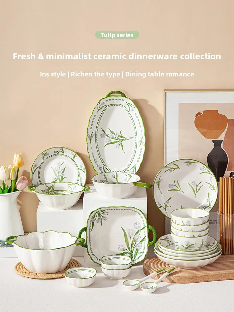 

Chinese Sle Cerc Double Ear Soup Bowl Rice Bowl Dinnerware Set Creative Home Use Bowl Plate Diwaer Se Plant Floral...