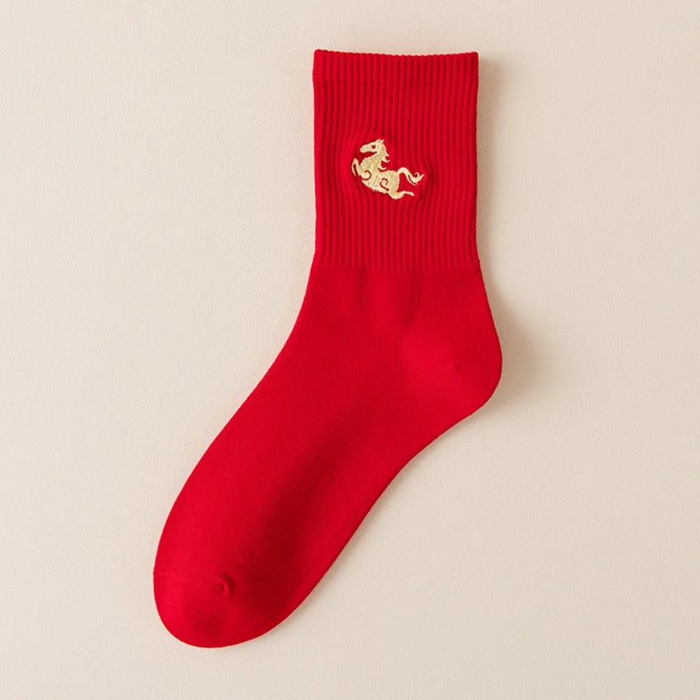 

Breathable Red Middle Socks Comfortable Soft New Year Cotton Socks Moisture-Wicking Embroidery Horse Year Socks Chinese New Year