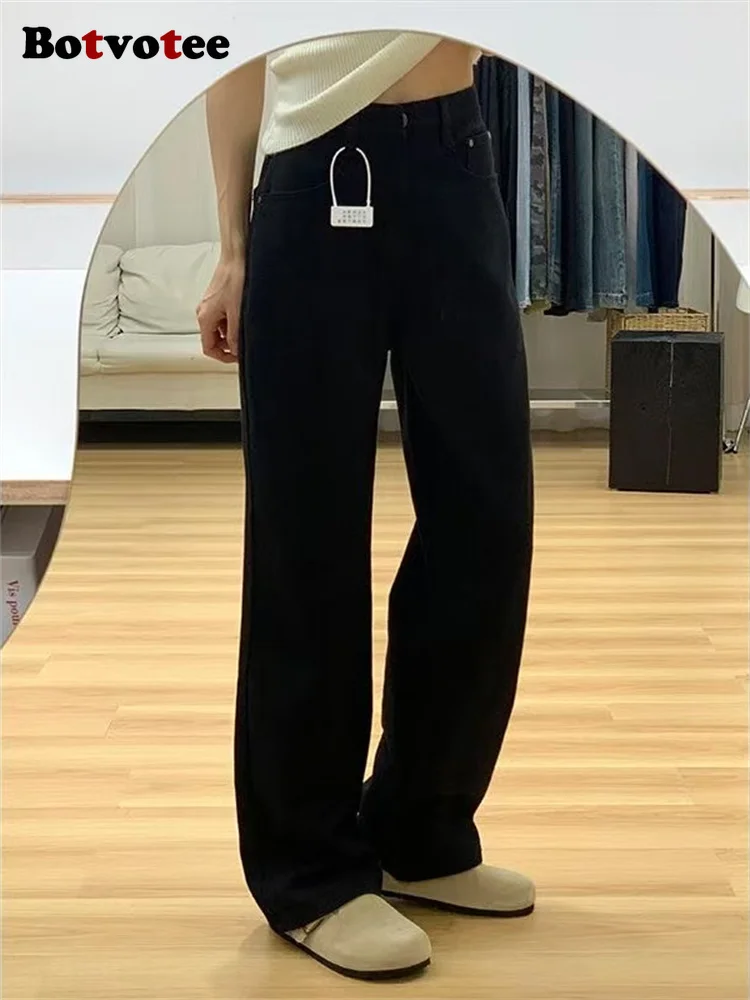 

Botvotee черные джинсы для женщин, широкие прямые джинсовые брюки, корейские модные джинсы для мам с высокой талией Y2k