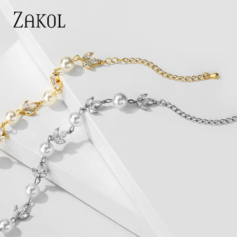 ZAKOL Korea Round Pearls Bracelets for Women Trendy Leaf Zirconia Wedding Engagement Party Jewelry