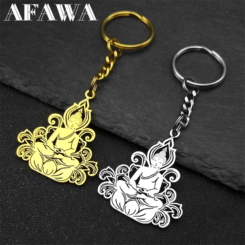 

Buddhist Meditation Keychain for Women Men Stainless Steel Pendant Gold/Silver Color Lotus Flower Key Chain Rings Holder Jewelry