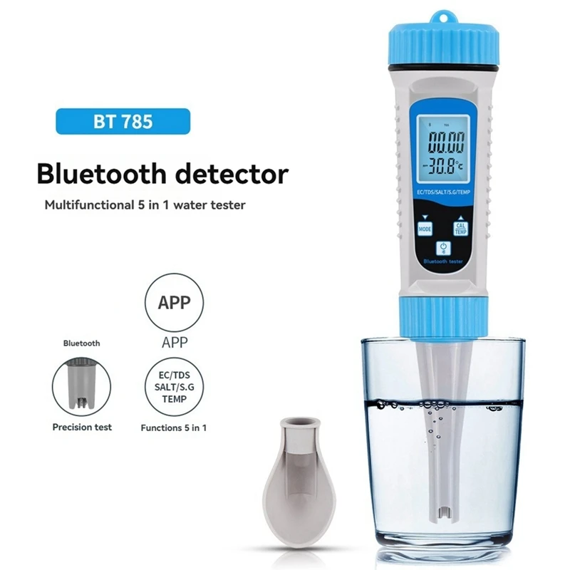 5-In-1 Bluetooth Water Quality Tester TDS, PH, Salinity, Temp, EC Meter For Hydroponics, Aquariums, Pools