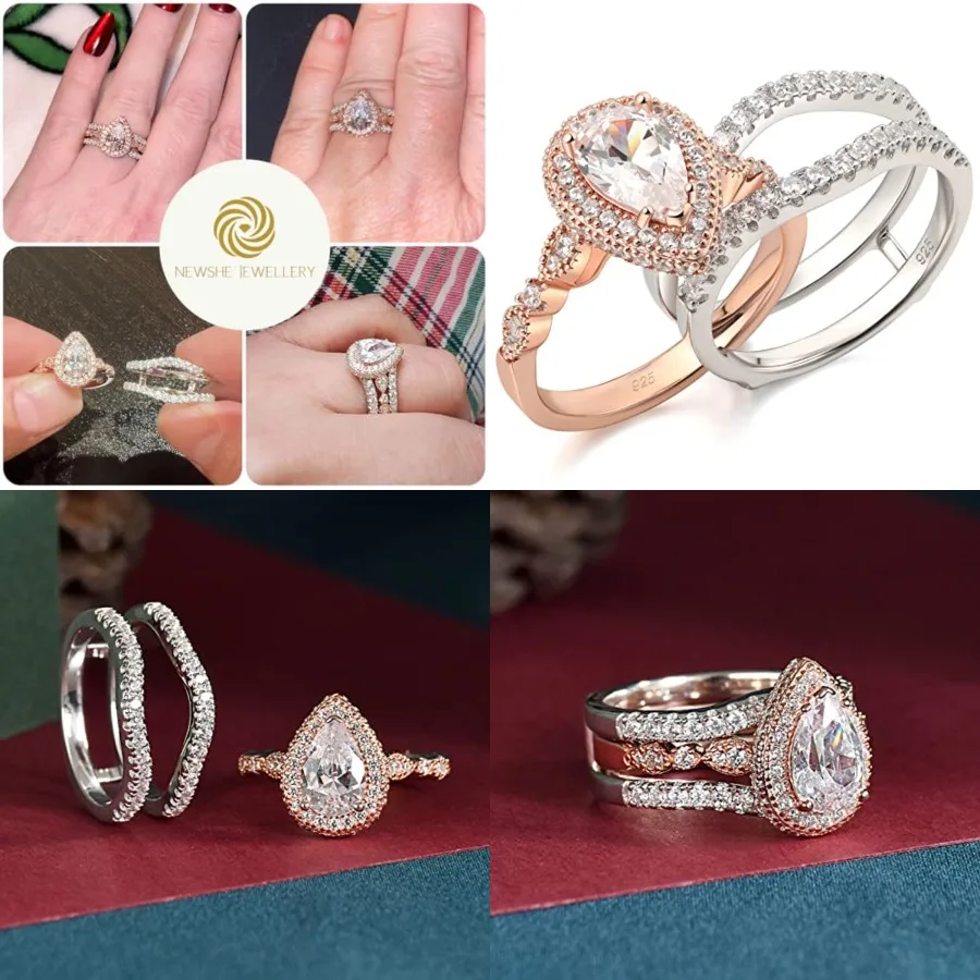 Wedding Rings for Women Bridal Sets Sterling Silver Engagement Ring Enhancer Pear Cubic Zirconia Anniversary Promise Band Size