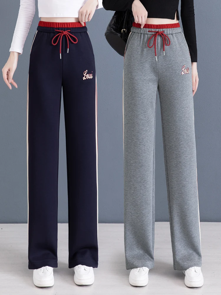 

Casual High Waist Wide Leg Sport Pants Women's Spring Autumn Loose Drapey Straight Leg Trousers Elastic Waist Sweatpants