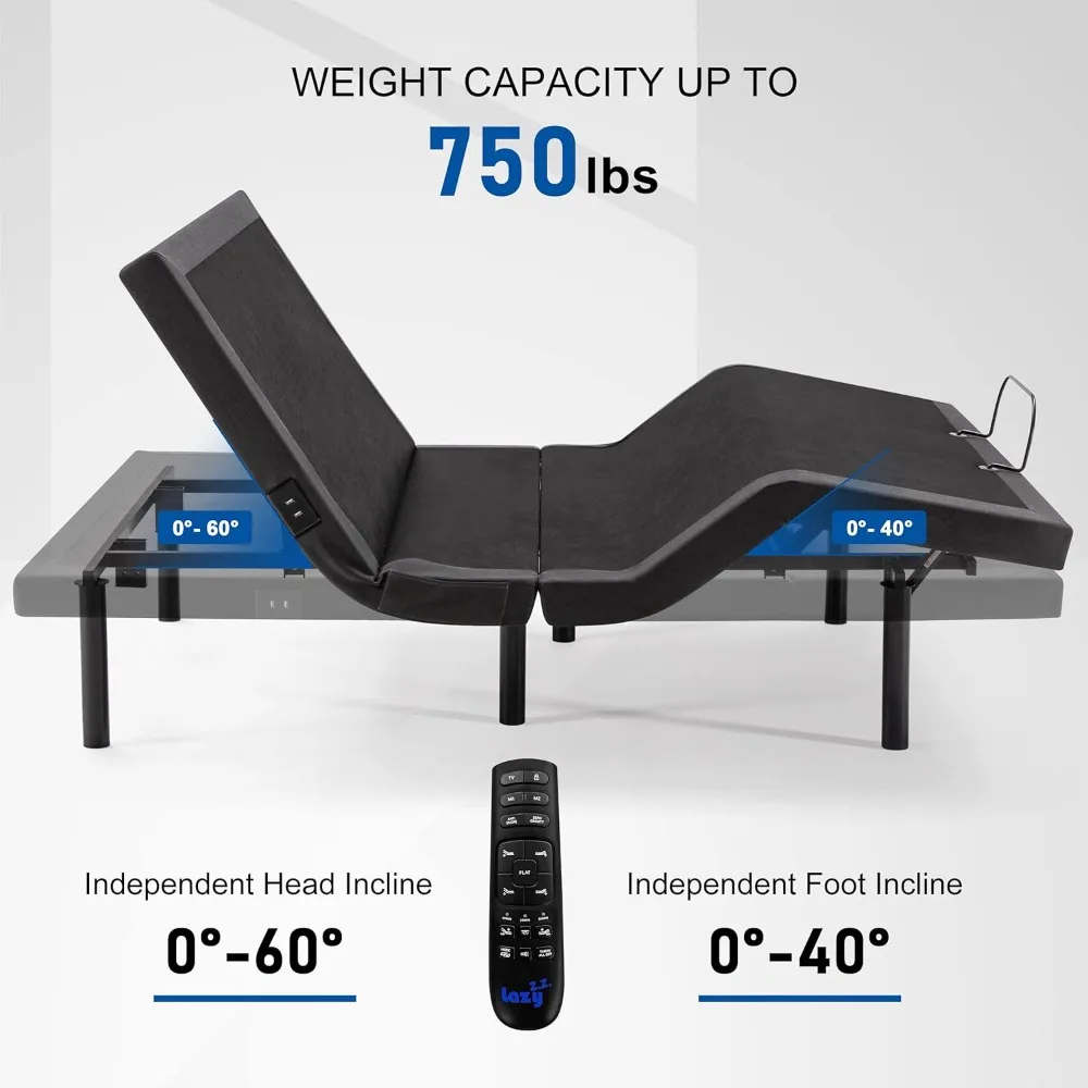 Queen Adjustable Bed Frame with 17 Control Functions，Bluetooth App，Dual Massage，USB Ports，Under Bed Lights，Folding Bed Frame